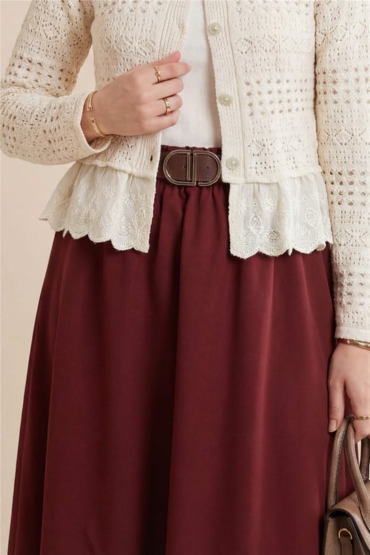 Etek Ucu Dikiş Detaylı Beli Lastikli Astarlı İthal Soft Gabardin Etek  -Bordo