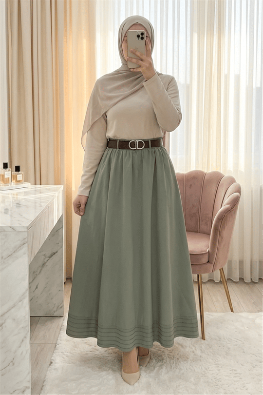 Etek Ucu Dikiş Detaylı Beli Lastikli Astarlı İthal Soft Gabardin Etek -Çağla Y.