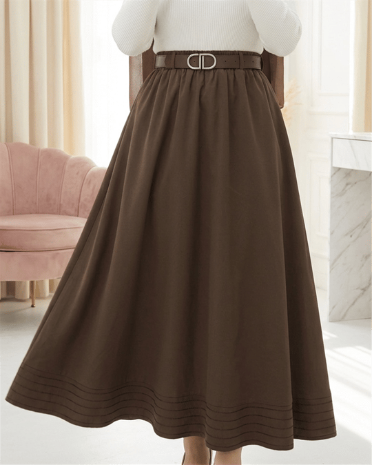 Etek Ucu Dikiş Detaylı Beli Lastikli Astarlı İthal Soft Gabardin Etek -Kahve