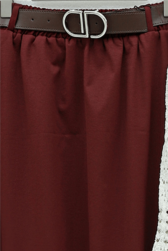 Etek Ucu Dikiş Detaylı Beli Lastikli Astarlı İthal Soft Gabardin Etek  -Bordo