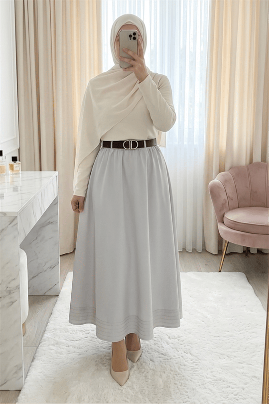 Etek Ucu Dikiş Detaylı Beli Lastikli Astarlı İthal Soft Gabardin Etek -Taş