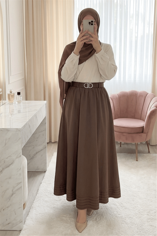 Etek Ucu Dikiş Detaylı Beli Lastikli Astarlı İthal Soft Gabardin Etek -Kahve
