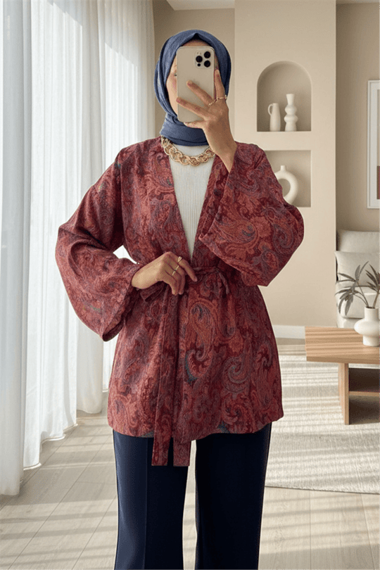 Etnik Desenli Bağcıklı Kimono -Bordo