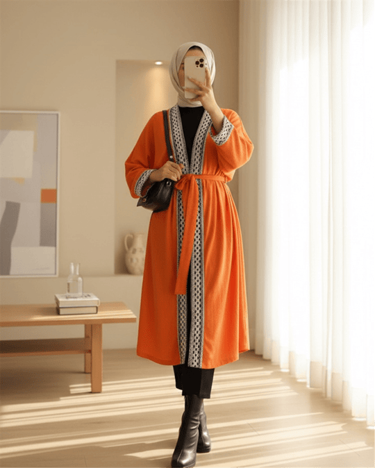 Etnik Şeritli Bağcıklı Uzun Kimono -Turuncu