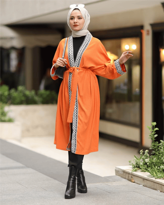 Etnik Şeritli Bağcıklı Uzun Kimono -Turuncu