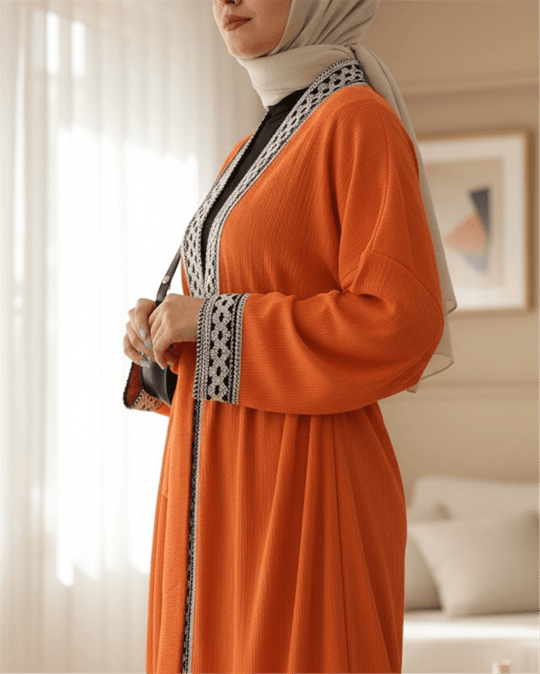 Etnik Şeritli Bağcıklı Uzun Kimono -Turuncu