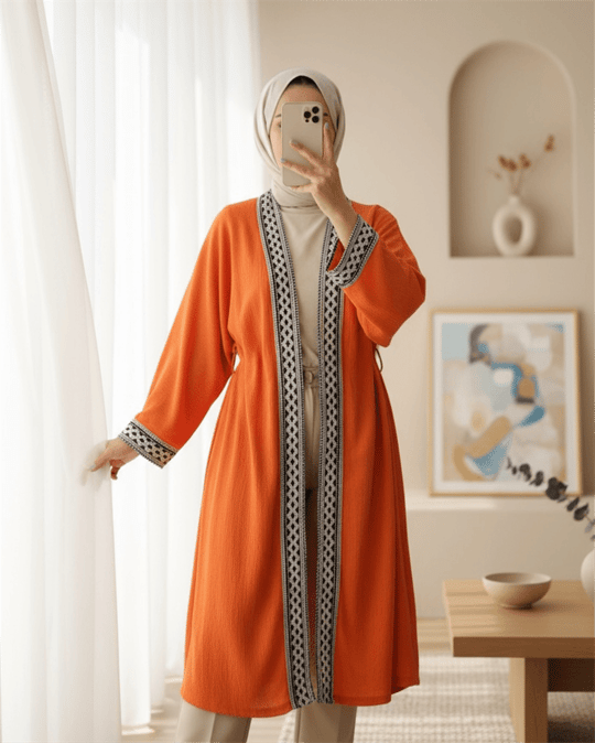 Etnik Şeritli Bağcıklı Uzun Kimono -Turuncu
