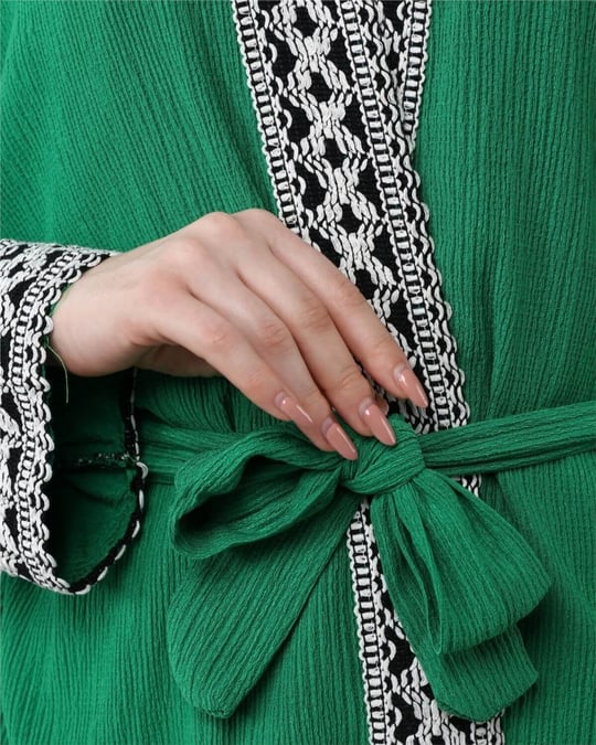 Etnik Şeritli Bağcıklı Uzun Kimono  -Yeşil