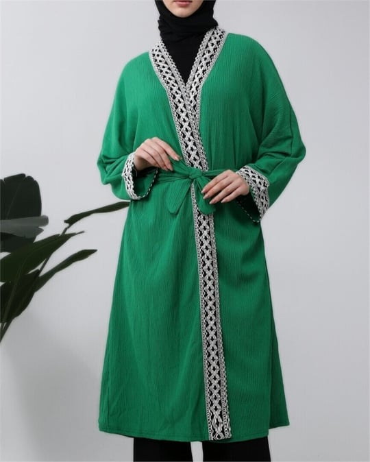 Etnik Şeritli Bağcıklı Uzun Kimono  -Yeşil