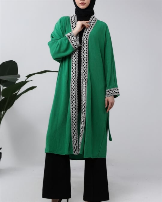 Etnik Şeritli Bağcıklı Uzun Kimono  -Yeşil