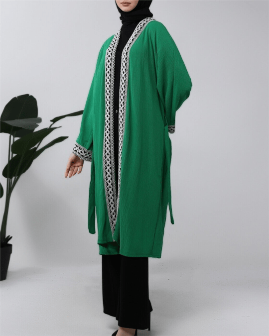 Etnik Şeritli Bağcıklı Uzun Kimono  -Yeşil