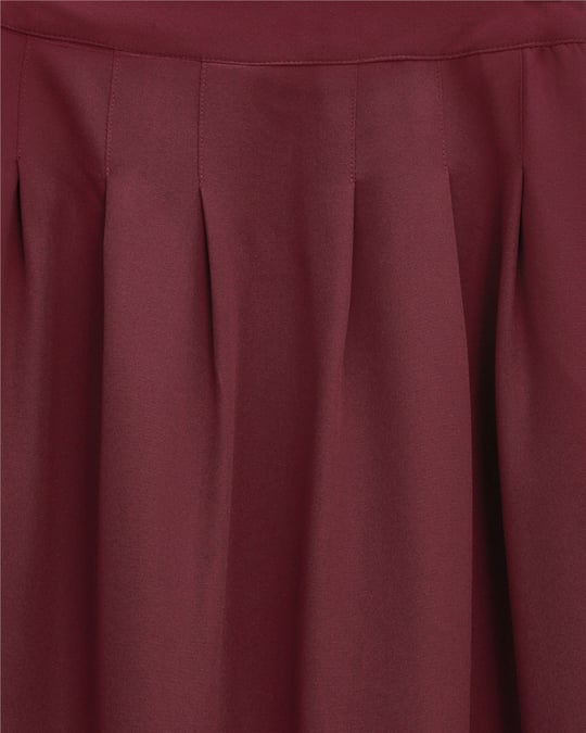 Fermuarlı Cepli Pliseli Krep Etek -Bordo