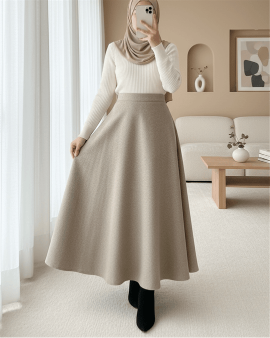 Womens Zip-Up Wool-Blend Flared Skirt - Beige