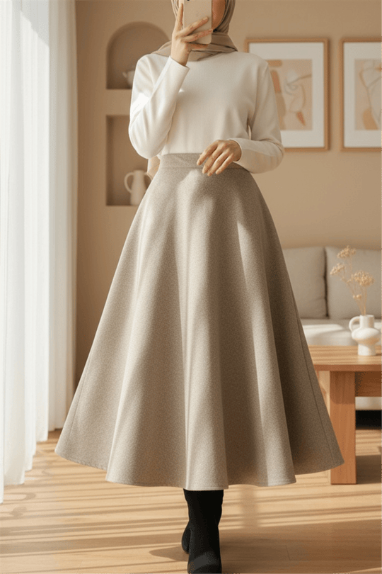 Womens Zip-Up Wool-Blend Flared Skirt - Beige