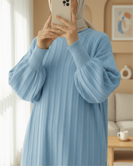 Fitilli Yırtmaçlı Yumoş Triko Tunik -Açık Mavi