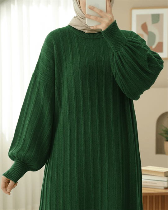 Fitilli Yırtmaçlı Yumoş Triko Tunik -Koyu Yeşil
