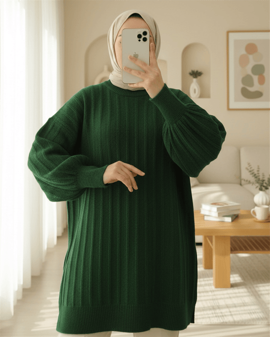 Fitilli Yırtmaçlı Yumoş Triko Tunik -Koyu Yeşil