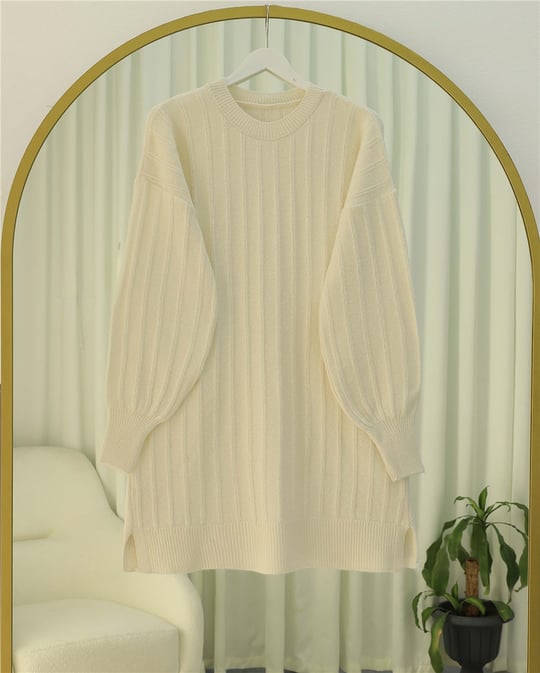 Fitilli Yırtmaçlı Yumoş Triko Tunik -Krem