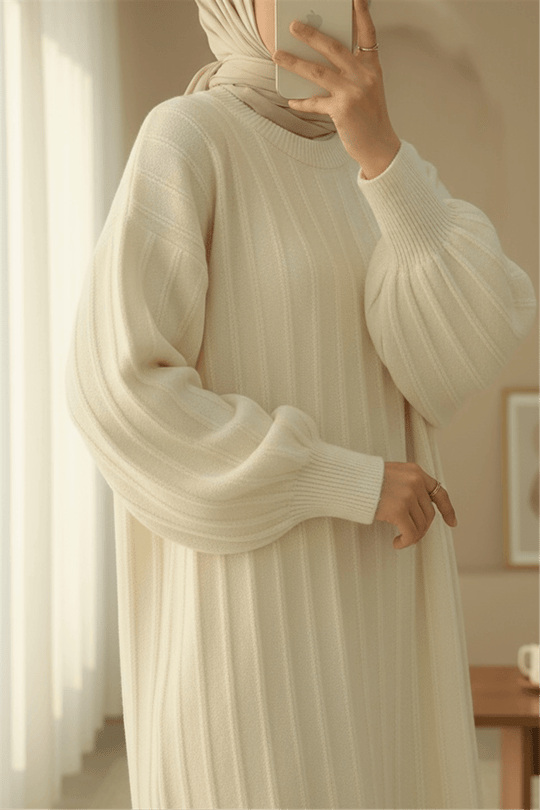 Fitilli Yırtmaçlı Yumoş Triko Tunik -Krem