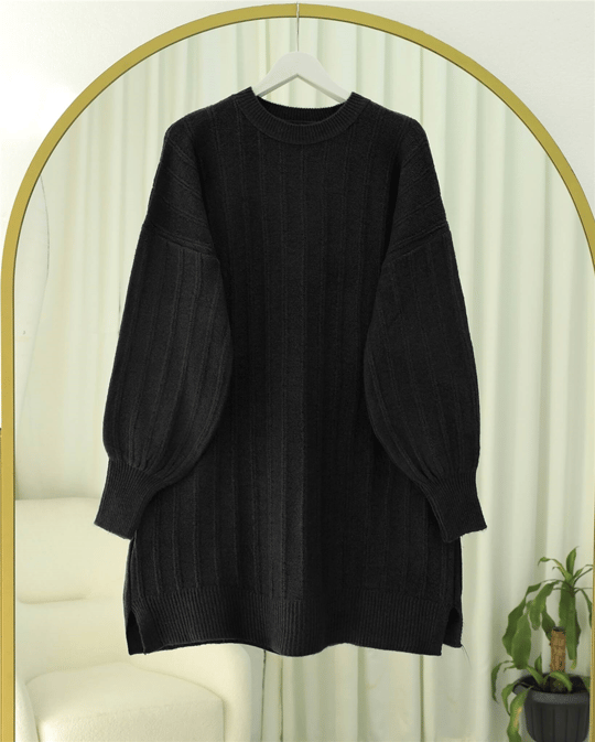 Fitilli Yırtmaçlı Yumoş Triko Tunik -Siyah