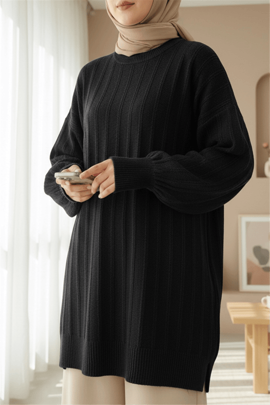 Fitilli Yırtmaçlı Yumoş Triko Tunik -Siyah
