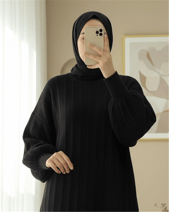 Fitilli Yırtmaçlı Yumoş Triko Tunik -Siyah