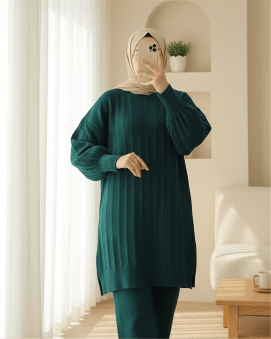 Fitilli Yırtmaçlı Yumoş Triko Tunik -Zümrüt