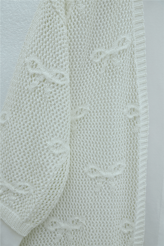 Womens Bow Patterned Openwork Knit Cardigan - White