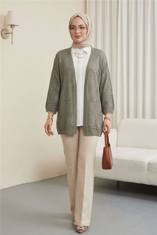 Womens Bow Patterned Openwork Knit Cardigan - Khaki