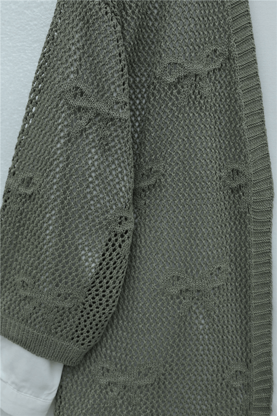 Womens Bow Patterned Openwork Knit Cardigan - Khaki