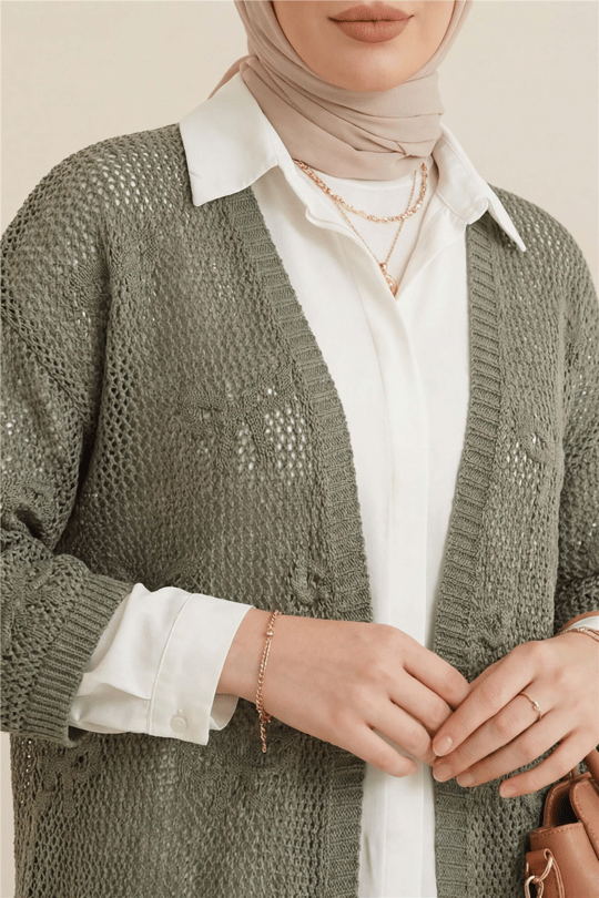 Womens Bow Patterned Openwork Knit Cardigan - Khaki