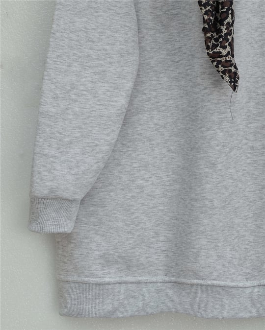 Fularlı Leopar Armalı 3 İplik Sweat -Açık Gri
