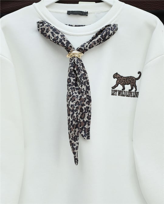Fularlı Leopar Armalı 3 İplik Sweat -Beyaz