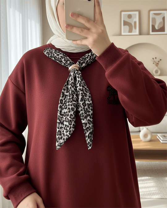 Fularlı Leopar Armalı 3 İplik Sweat -Bordo