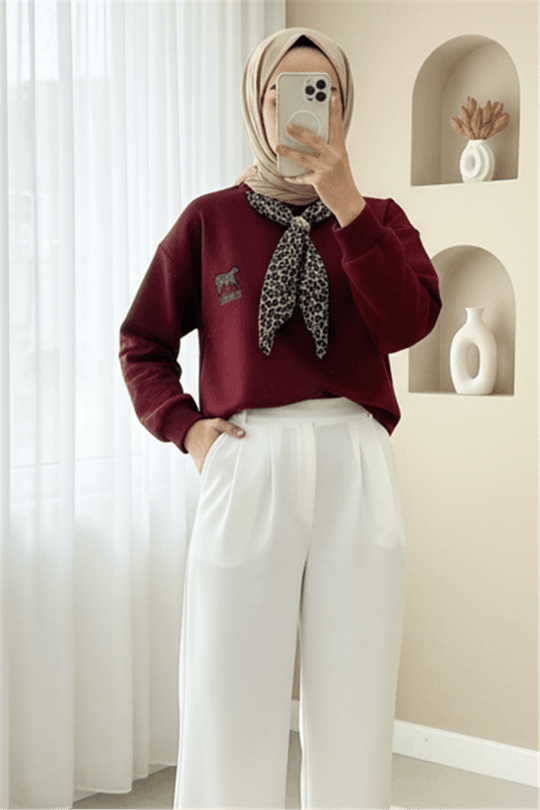 Fularlı Leopar Armalı 3 İplik Sweat -Bordo