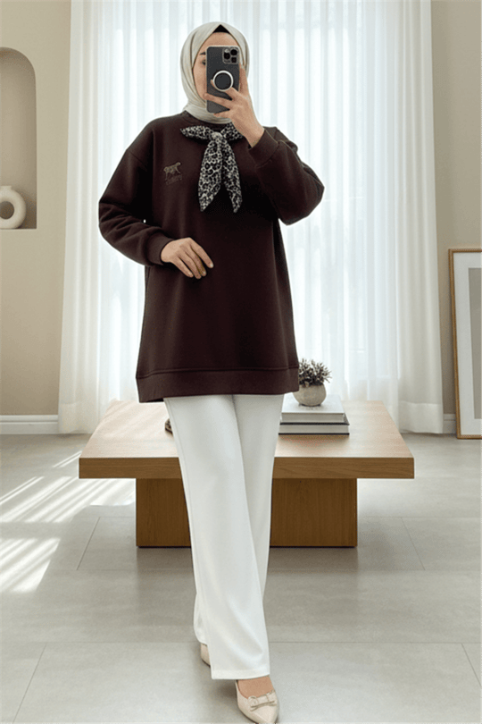 Fularlı Leopar Armalı 3 İplik Sweat -K. Kahve