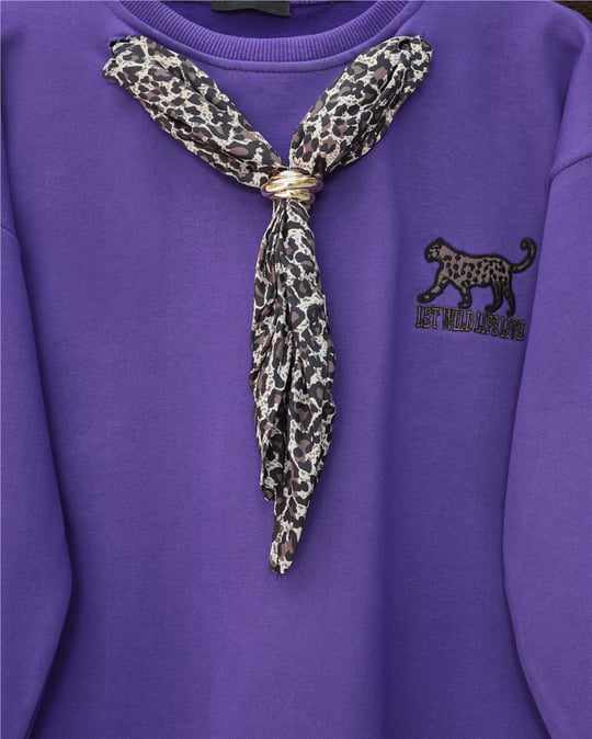 Fularlı Leopar Armalı 3 İplik Sweat  -Mor