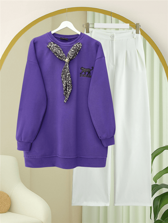 Fularlı Leopar Armalı 3 İplik Sweat  -Mor