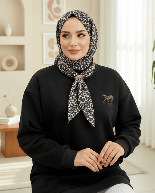 Fularlı Leopar Armalı 3 İplik Sweat -Siyah