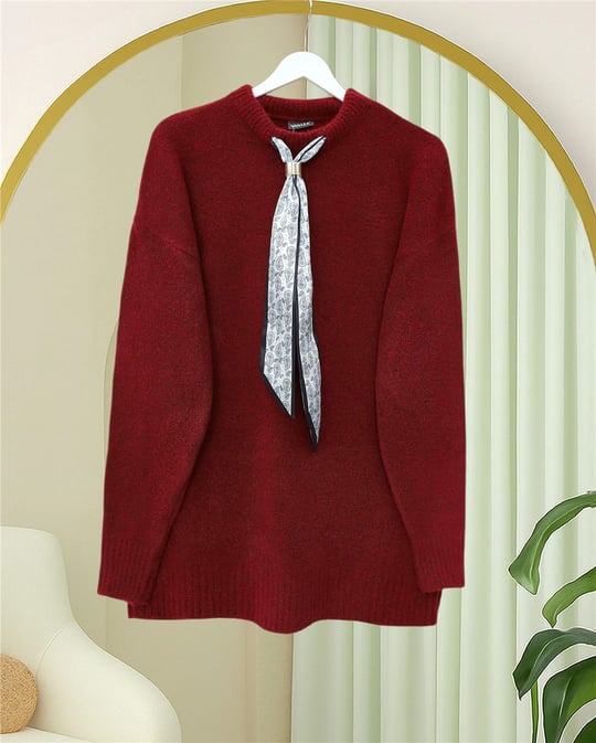 Fularlı Yumoş Triko Kazak  -Bordo