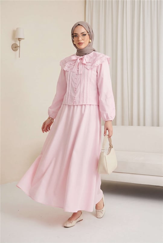 Geniş Yakalı Bağlamalı Kolu Lastikli Eteği Astarlı Poplin Takım  -Pembe