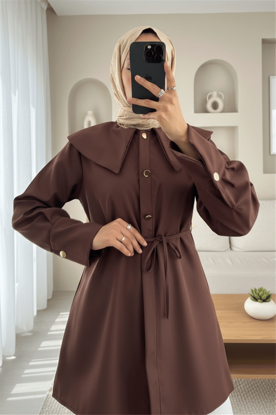 Geniş Yakalı Beli Bağlamalı Bonding Kap -Kahve
