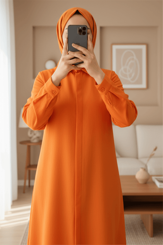Gizli Düğmeli Oval Kesim Uzun Gömlek -Turuncu
