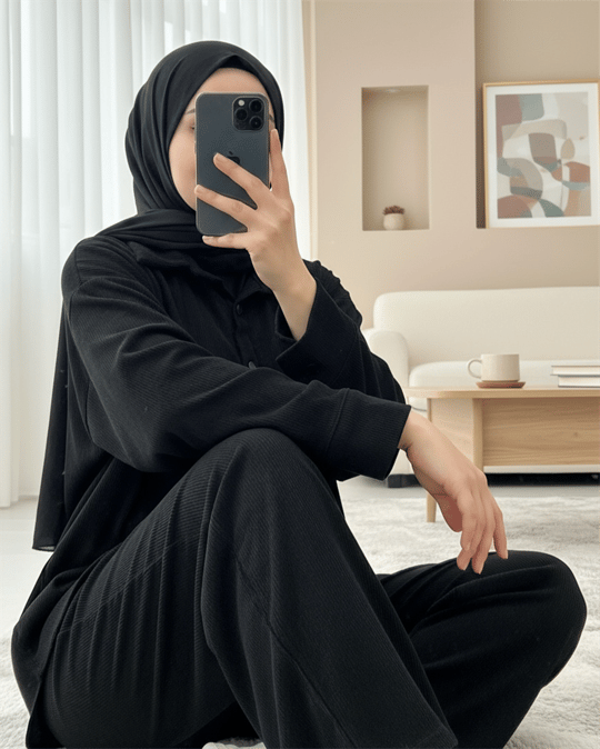 Gömlek Pantolon İkili Kadife Takım -Siyah