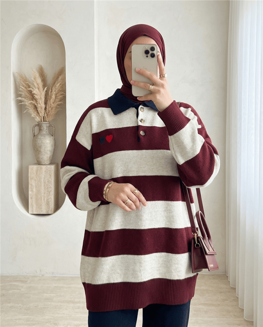 Gömlek Yaka Düğmeli Kalp Nakışlı Triko Tunik -Bordo