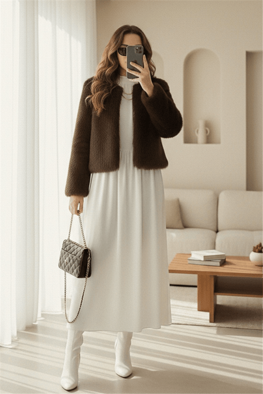 Womens Inner Lined Fur-Trimmed Coat -Coffee Brown - Brown