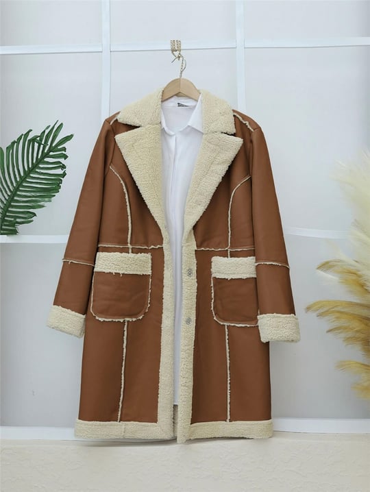 İçi Peluşlu Çıtçıtlı Cepli Deri Mont -Taba