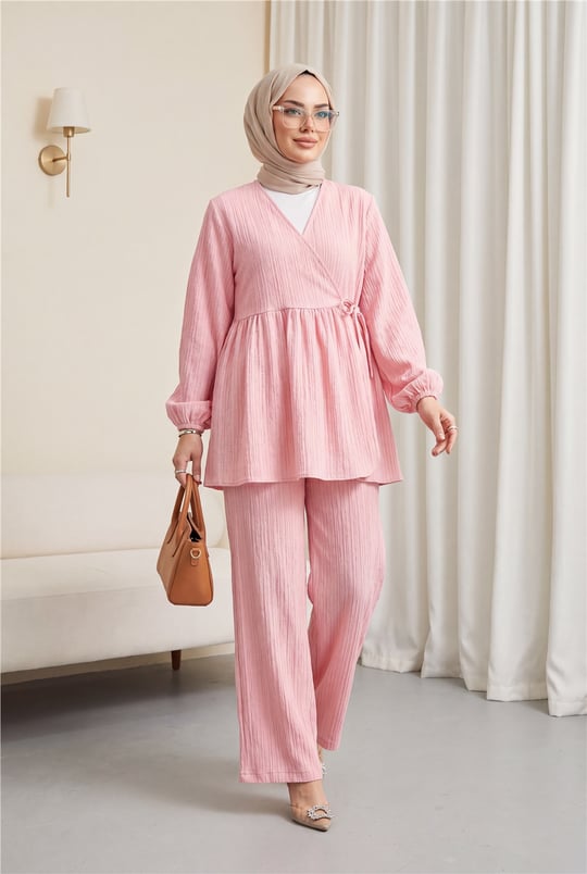 İçten Bağlamalı Tunik Bol Paça Pantolonlu Takım -Pembe