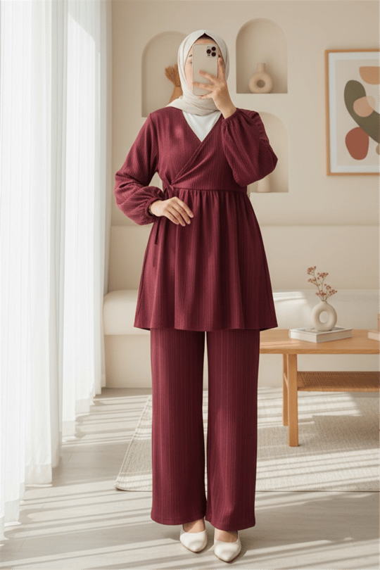 İçten Bağlamalı Tunik Bol Paça Pantolonlu Takım -Bordo