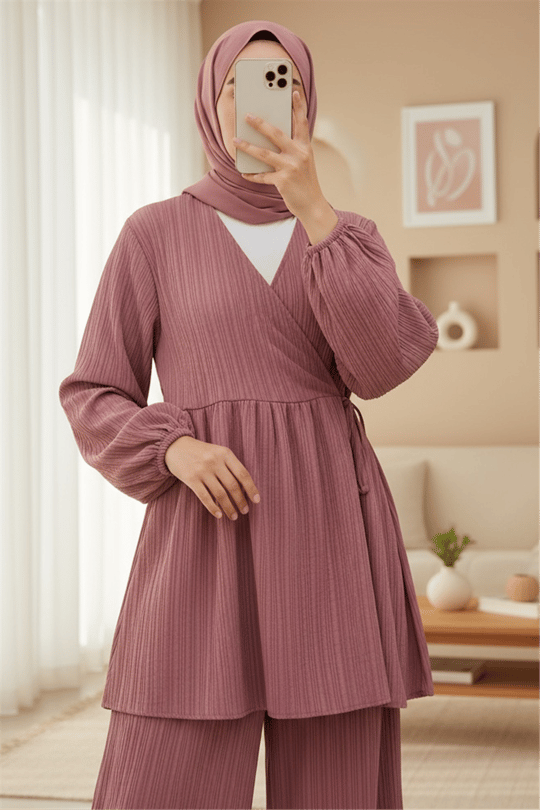 İçten Bağlamalı Tunik Bol Paça Pantolonlu Takım -Vişne